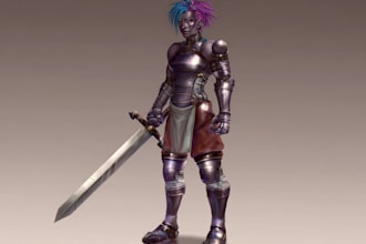 create detailed rpg character illustration with outfit and weapon design