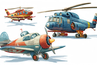 draw aircraft, airplane, helicopter into a vector cartoon