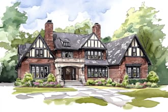 handmade watercolor painting of house