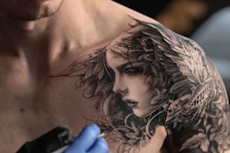 draw black and white geometric custom tattoo, monoline logo
