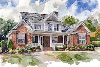 handmade watercolor painting of house