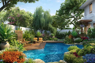 design landscape, terrace, backyard, pool, and patio
