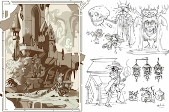 draw a concept sketch of characters, objects, background