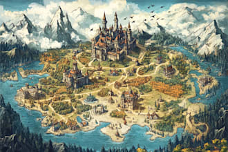create hand drawn fantasy map illustration for books,