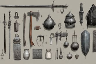 design concept art of weapons, armor, items