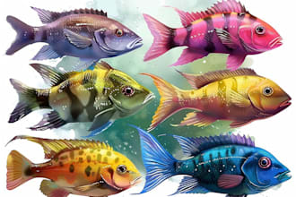 do an illustration of colored fish and marine species