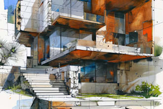 sketch architecture building with watercolor rendering