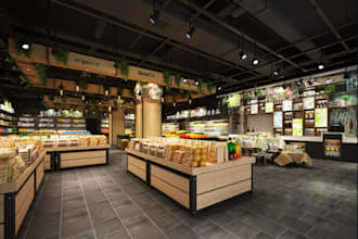 do 3d supermarket design, 3d restaurant interior, cafe, retail store rendering