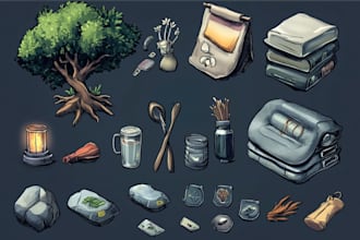 create 2d game art, game art, game UI, props, 2d game