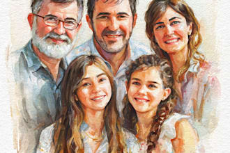 draw watercolor family portrait painting from combine photo