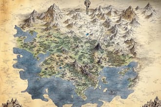 create detailed fantasy world and kingdom map illustration