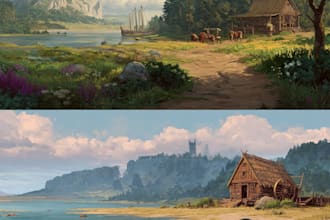 illustrate environments, landscapes, board game, concept art