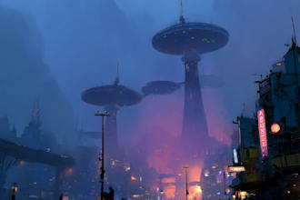 draw a cyberpunk city and background art illustration
