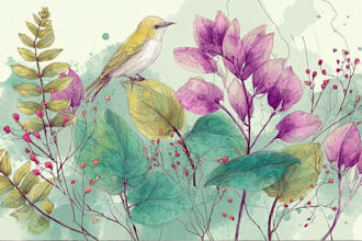 create a watercolor illustration of a botanical birds