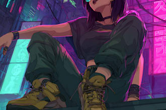 draw cyberpunk lofi or streetwear anime illustration