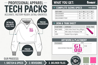 create fashion tech pack with flat sketch and full specs for production