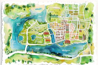 design a watercolor map illustration of your city or venue