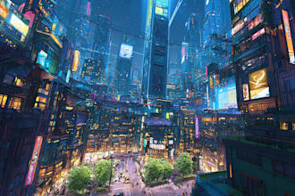 draw illustration of futuristic cyberpunk city