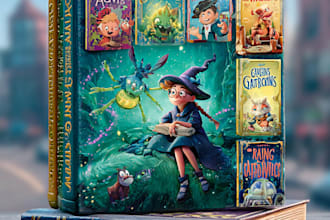 draw cartoon book cover with creative storytelling style