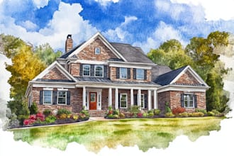 handmade watercolor painting of house, building