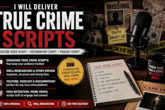 deliver true crime scripts, youtube video script, documentary podcast script