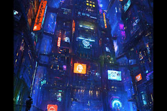 create a cyberpunk futuristic city art