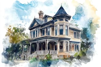 handmade watercolor painting of house