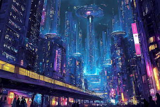 draw a illustration of futuristic cyberpunk city