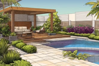 design frontyard, backyard, pool, patio as a landscape architect
