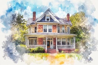 do building, village, and house or watercolor