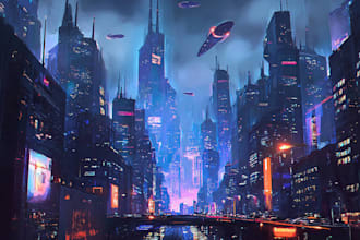 drawing a cyberpunk scifi futuristic city