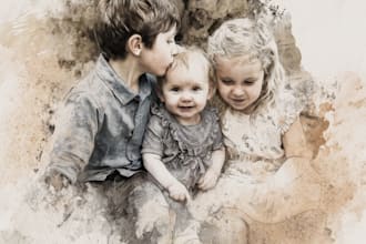 draw watercolor family portrait painting from combine photo