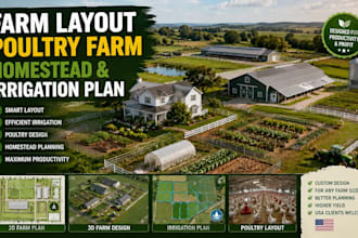 design landscape farm layout, poultry farm, homestead and irrigation plan