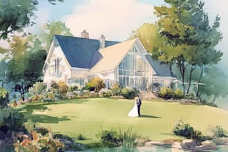draw watercolor wedding venue, house, landscape