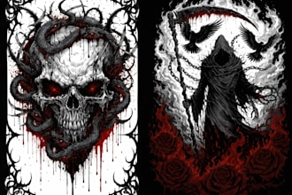 draw dark art, horror, skull, metal illustration