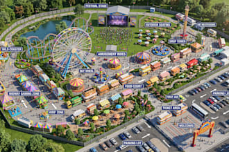 design detailed 3d isometric event map, festival layout, map illustration