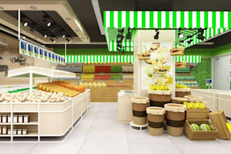 design 3d supermarket, food mart, grocery store, retail shop, interior rendering