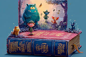 design a creative cartoon book cover for kids stories