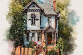 create a hand painted watercolor house portrait of your home