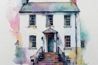 draw an watercolor illustration of house or building