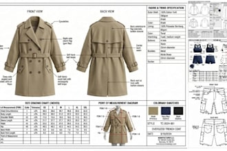 create production ready clothing tech pack, flat sketch spec sheet in ilustrator