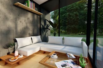 design 3d modern cabin, tiny house interior, cabana layout, outdoor living space