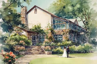 create watercolor wedding venue, house, landscape