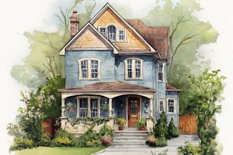 paint elegant watercolor villa and modern home artwork