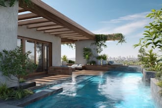 design landscape, terrace, backyard, pool, and patio