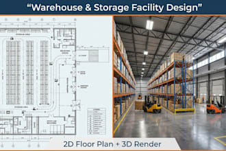 design warehouse 2d floor plan, 3d renders industrial building storage facility