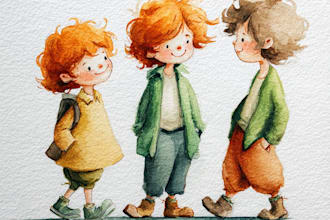 sketch, outline and color cartoon illustrations