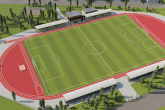 redesign outdoor sports complex,race track, pavilion, soccer stadium, cgi render