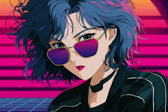create 80s 90s retro anime illustration for covers or