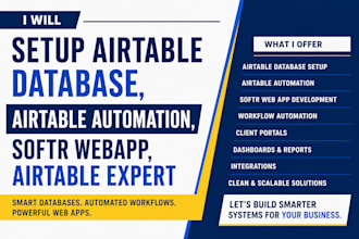 setup airtable database, airtable automation, softr web app and be your airtable
